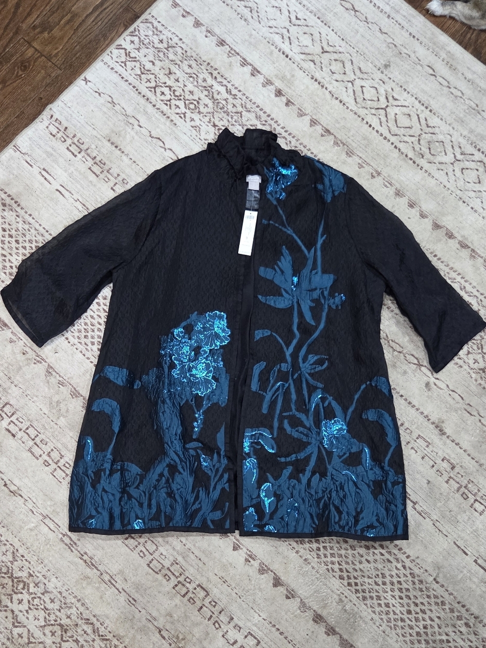 Chicos NWT Black & Teal Floral Embroidered Lightweight Coat Size 3 (16/18 XL)